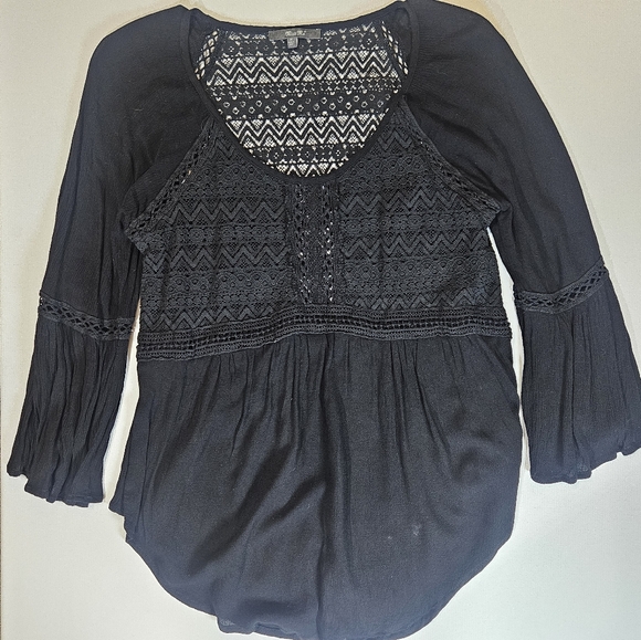 Miss Me Top Womens Medium Black Lace Accent Whimsy‎ Goth Flutter Sleeve Blouse - Picture 1 of 6